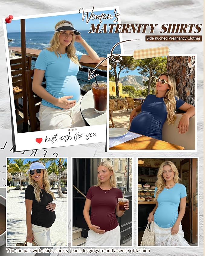 Huukeay 4 Pack Women's Maternity Shirts, Crew Neck Maternity Top Short Sleeve Casual Cotton Tee Side Ruched Pregnancy Clothes