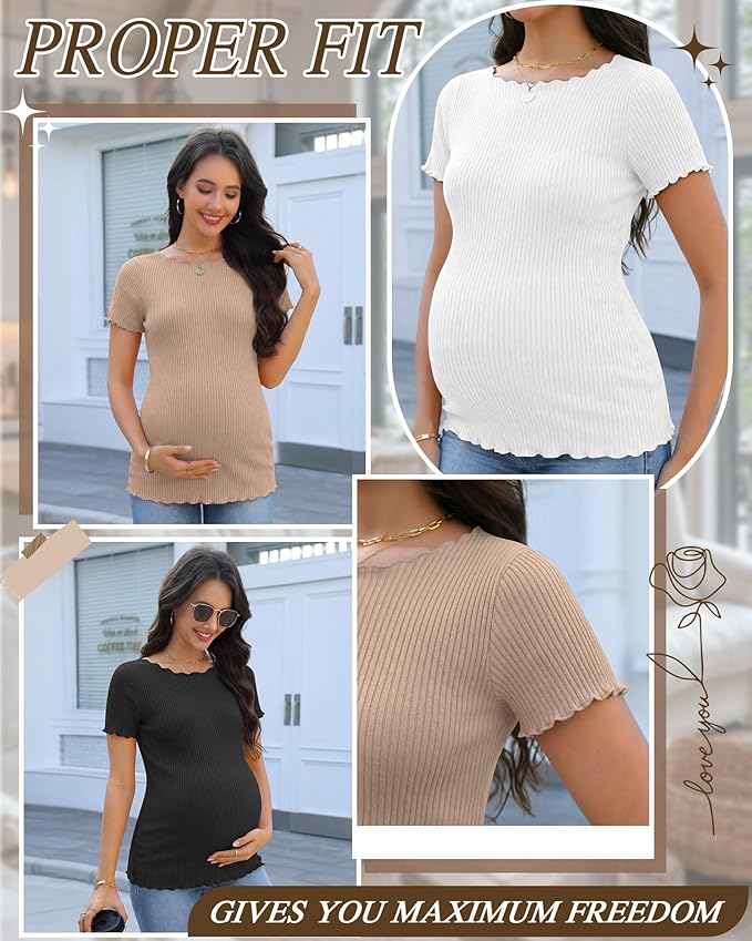 3 Pack Women's Maternity Ribbed Shirts Cotton Short Sleeve Pregnancy Tops Boat Neck Lettuce Trim Mama Clothes