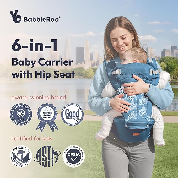 BabbleRoo Grow Carrier – Safety-Certified 6-in-1 Toddler & Baby Carrier with Hip Seat, Ergonomic & Adjustable Toddler Carrier 7-50 lbs with Hip Support, Hood for Sun Protection, Newborn to Toddler