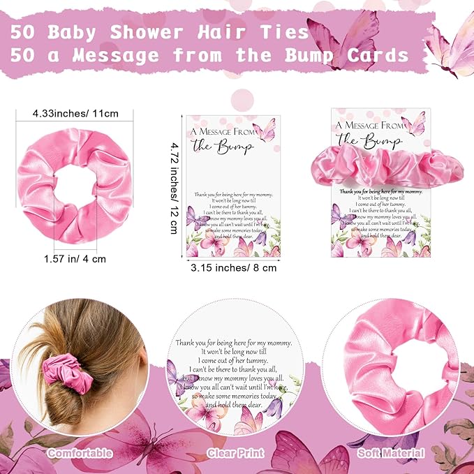 Yinkin 50 Sets Butterfly Baby Shower Favors for Girl, Include Pink Hair Ties Pink Scrunchies Butterfly Thank You Cards a Message from the Bump Baby Shower Sign Souvenirs for Guests