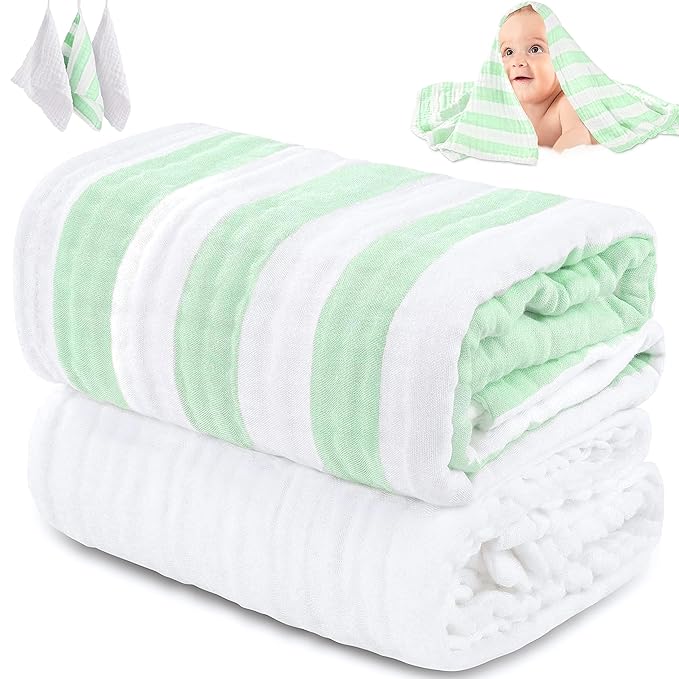 5-Piece Muslin Baby Bath Towel Set - 100% Organic Cotton, (2) Large 6-Layer 41x41 Towels & (3) Washcloths, Multi-Use Blanket & Bath (Green Striped)
