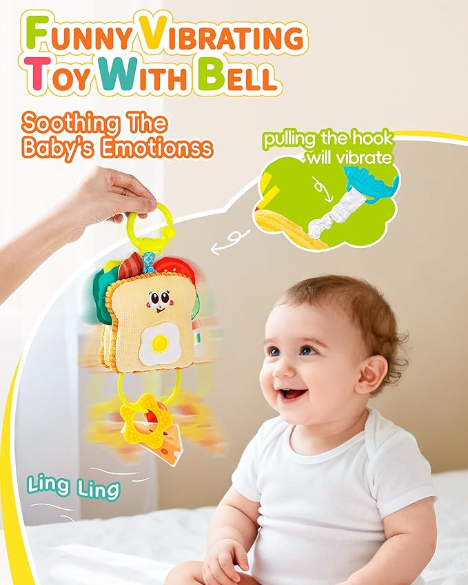 Jollybaby Baby Pull Vibration Toy - Tummy Time Sensory Hanging Toys for Car Seat, Stroller, Crib & Play Gym, with Babies Rattles & Teether, Airplane Travel Toys for Toddlers Gift - Donut