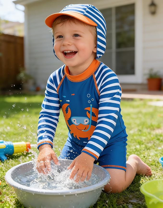 ADUKIDE Baby Boys Swimsuit Summer Beach Rash Guard Swimwear One Piece Sunsuit with Sun Hat 3-24 Months
