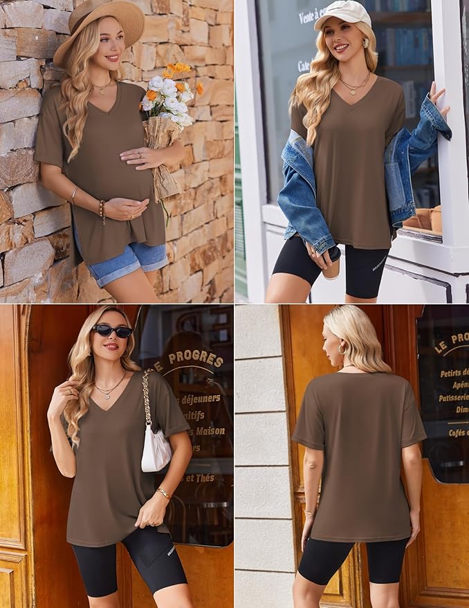 Ekouaer 3 Packs Women's Maternity Shirts V Neck Pregnancy Tops Short Sleeve Casual Workout Tees Side Split Mama Clothes