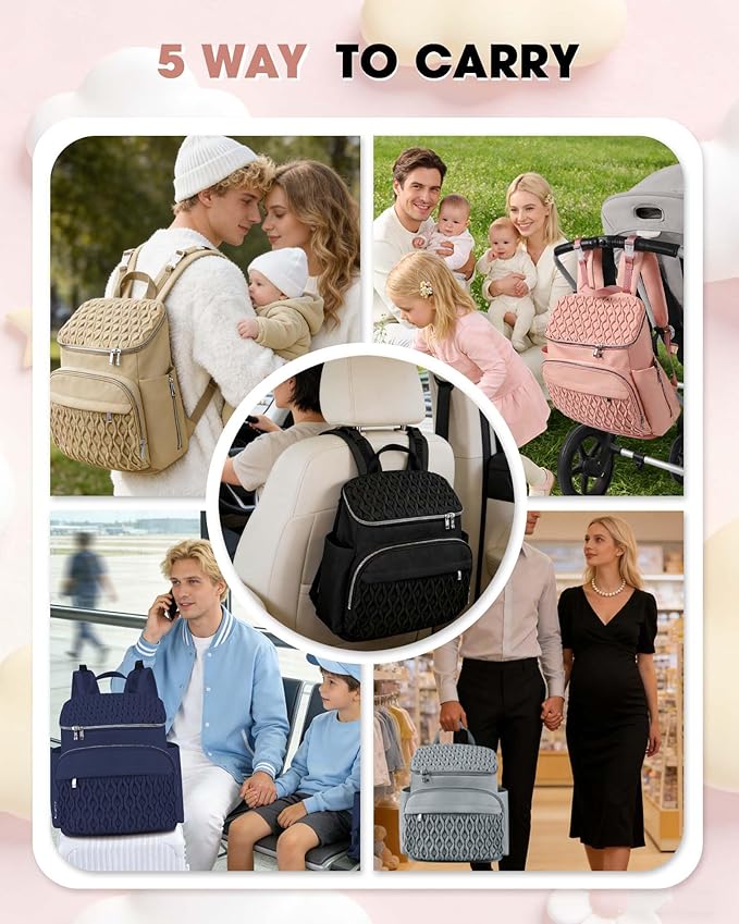 Baby Diaper Bag Backpack, Expandable Baby Bag for Girl Boy, Travel Diaper Backpack with Insulated Pocket, Changing Pad, Quilted Diaper Bag for Mom Dad, Newborn Baby Essentials Must Have Black