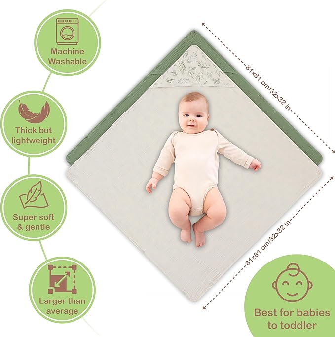 100% Organic Cotton Muslin Baby Hooded Towels 32x32 Inch – 2 Pack Soft & Absorbent Baby Hooded Towel Wrap for Boys & Girls, Premium Hooded Towels, Gentle Baby Essentials in Deep Green/Floral
