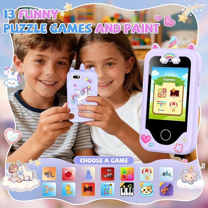 Nikuku Kids Phone for Girls Toys, Christmas Birthday Gifts for Boys 3-8 Year Old, Toddler Touchscreen Pretend Smart Cellphone with Dual Camera, Puzzle Learning Game, Music Player, 8GB Card(Purple)
