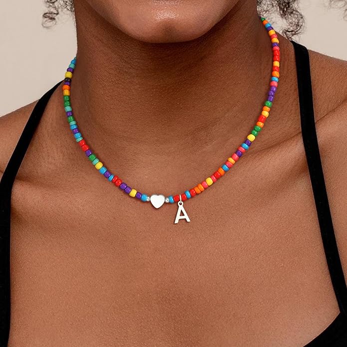 Valentines Day Gifts for Kids Women Girls - Colorful Beaded Initial Necklace Teen Girls Trendy Stuff Dainty Letter Choker Necklace Valentines Day Gifts for Her Mom Wife Jewelry