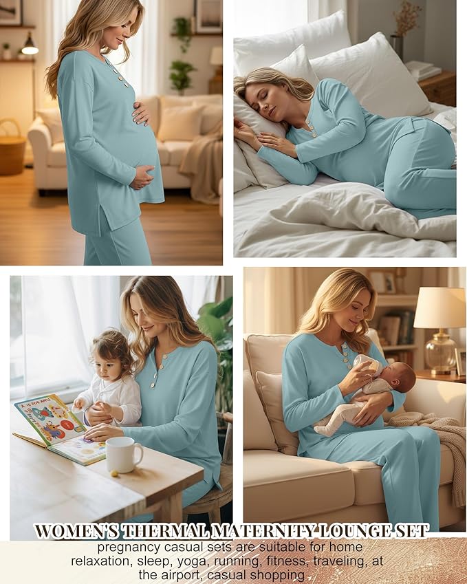 2 Piece Thermal Maternity Lounge Set Postpartum Pregnancy Fleece Loungewear Long Sleeve Top and Wide Leg Pant