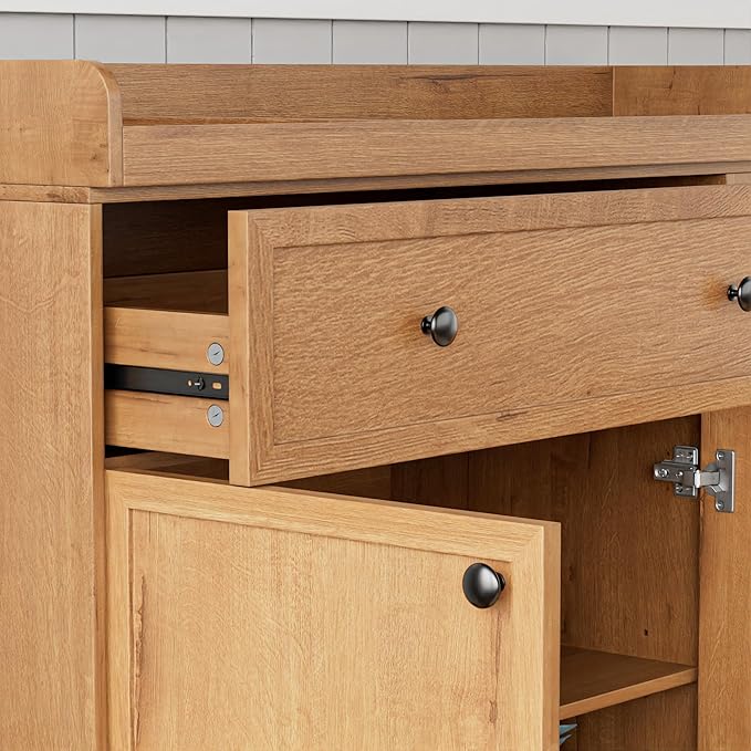Wide Baby Changing Table Dresser with 2 Doors, 2 Different Size Drawer&Storage Cubbies, Durable Wood Construction, Built-in Shelves of Ample Storage for Nursery (Natural Wood)