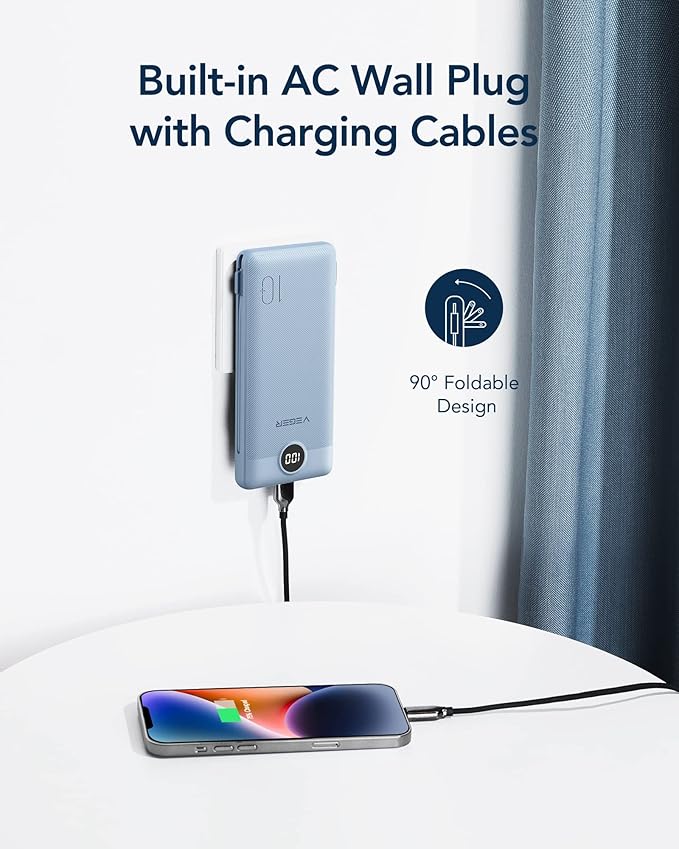 VEGER Portable Charger with Built-in AC Plug and Cables, All in One 10000mAh Ultra Slim Power Bank Travel Essentials, 15W Fast Charging Battery Pack Compatible with iPhone, Samsung, Android (Blue)
