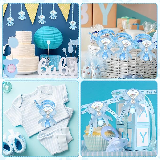 Remuuly 36 Pcs Baby Shower Pacifiers Necklace Bulk Acrylic Pacifiers Charm for Gender Reveal Party Favors Table Scatter Decorations(Boy,Blue)