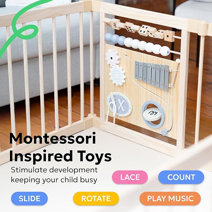 Miotetto Baby Playpen, Wooden Playpen for Babies and Toddlers, Foldable Fence with Montessori Activity Panel, Storage Basket & Gate, Portable, Easy to Assemble Baby Play Pen Natural Wood Playyard