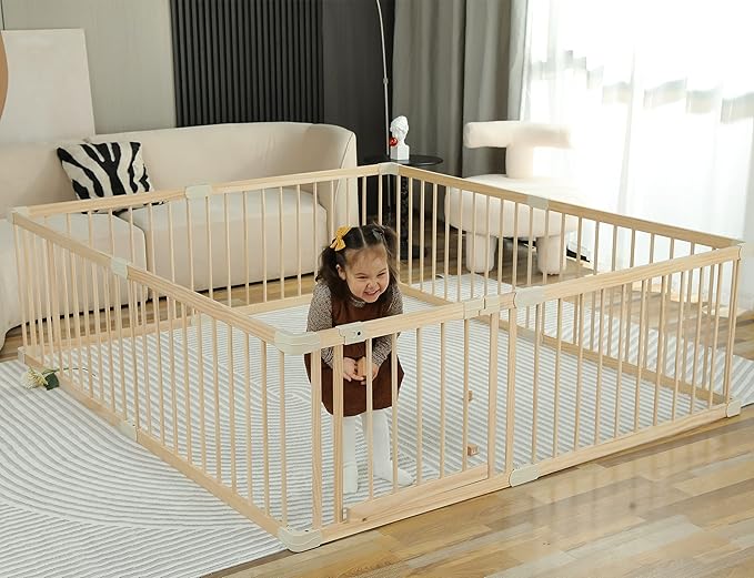 Baby Playpen Play Fence Gate Play Pen Wood Large,Playpens for Babies and Toddlers Kids Indoor,Baby Play Yards Gym
