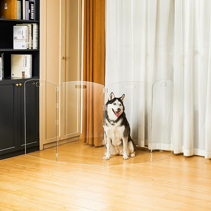 Modern Frame Clear Acrylic Freestanding Dog Gate - 32" Tall Extra-Wide Folding 4-Panel Pet Barrier for Doorways, Stairs & Large Openings, Indoor Fence for Small to Large Dogs & Cats