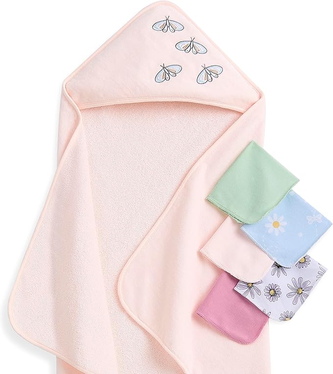 Evolur Secret Garden 6 pc Baby Gift Set, Includes Hooded Towel & 5pc Wash Cloths, Soft and 100% Cotton Woven, for Newborn, Infants and Toddlers 0-9 Months