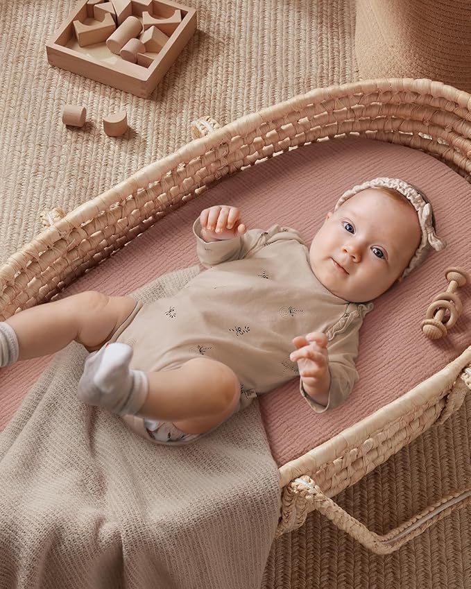 Blissful Diary Muslin Bassinet Sheets for Baby Girls Boys, Boho Soft Cotton Fitted for Oval Hourglass Rectangle Mattress, 2 Pack(Dusty Pink Checkboard & Dusty Pink)