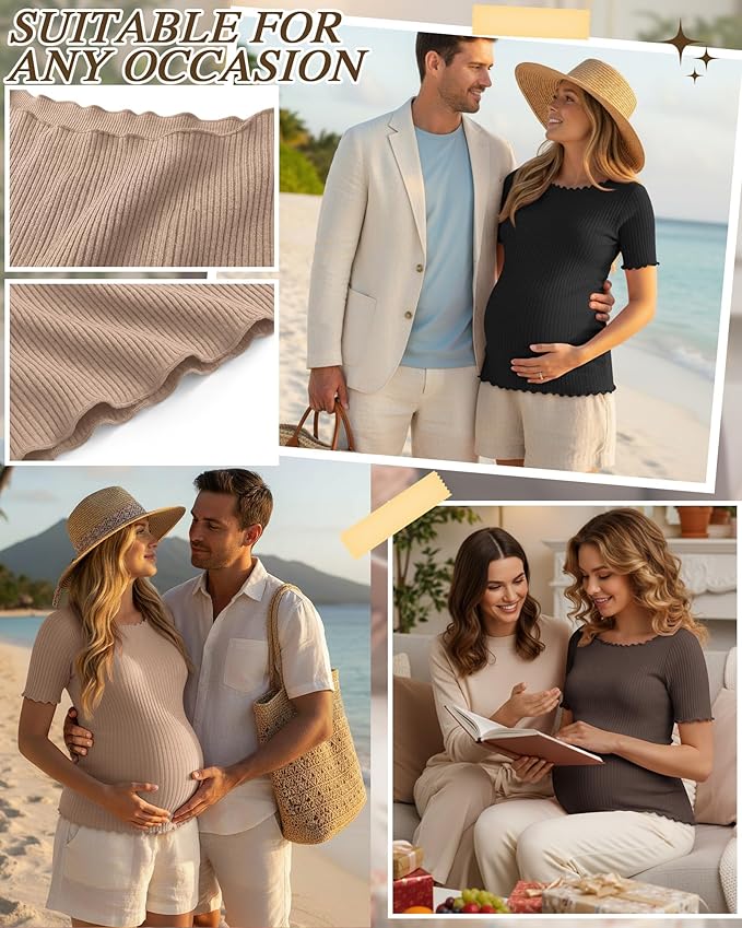 3 Pack Women's Maternity Ribbed Shirts Cotton Short Sleeve Pregnancy Tops Boat Neck Lettuce Trim Mama Clothes