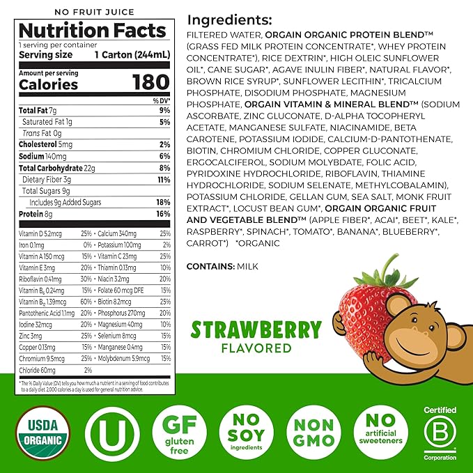 Orgain Organic Kids Nutritional Protein Shake, Strawberry, Healthy Kids Snacks, 8g Dairy Protein, 3g of Fiber, 22 Vitamins & Minerals, No Soy ingredients, Gluten Free, Non-GMO, 8.25 Fl Oz (Pack of 12)