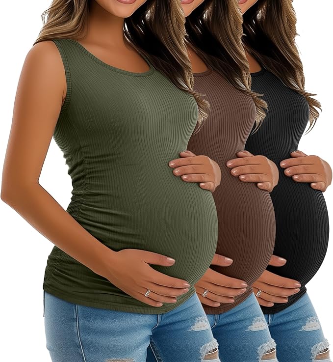 Riyiper 3 Pack Women's Maternity Tank Tops, Sleeveless Cotton Pregnancy Shirts Ribbed Knit Sides Ruched Basic Mama Clothes