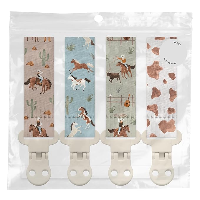 Stadela Baby Fabric Pacifier Clip Holder, Plastic Clip, 4‑Pack, Western Pattern, West Set