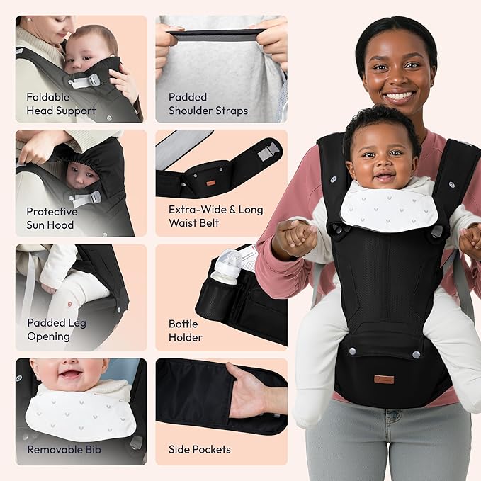 BabbleRoo Grow Carrier – Safety-Certified 6-in-1 Toddler & Baby Carrier with Hip Seat, Ergonomic & Adjustable Toddler Carrier 7-50 lbs with Hip Support, Hood for Sun Protection, Newborn to Toddler