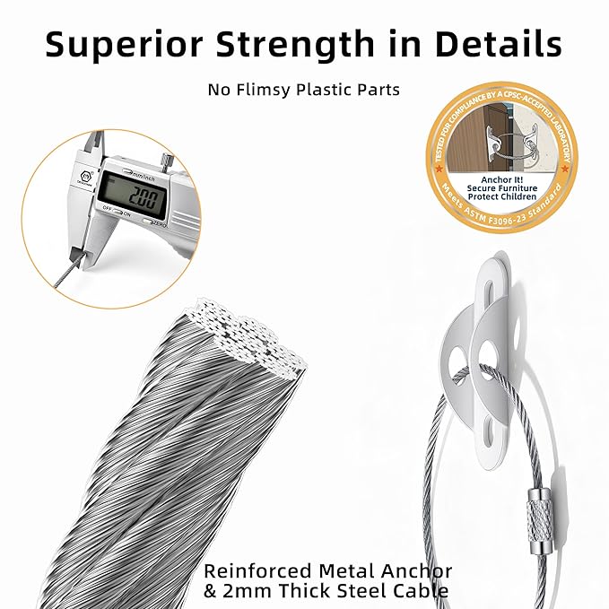 Furniture Anchors 10-Pack, Anti Tip Furniture Anchors for Baby Proofing, Extra-Strong Metal Wall Anchor Straps with Steel Cable to Secure Dresser, Bookcase, Wardrobe & Cabinet, White
