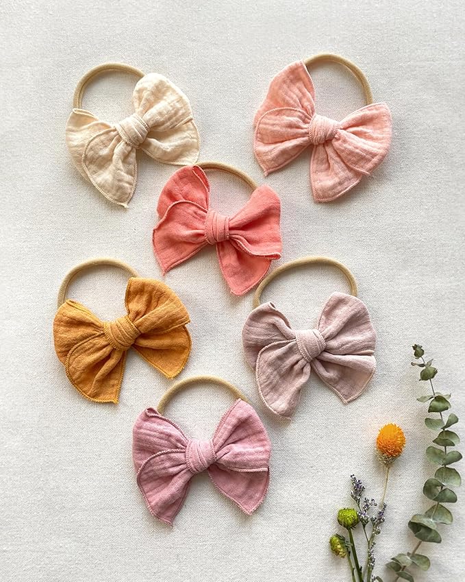 Cherssy Baby Girl Muslin Headbands, 3.5" Cotton Hair Bows Nylon Hairbands for Newborns, Infants, Toddlers - 6pcs