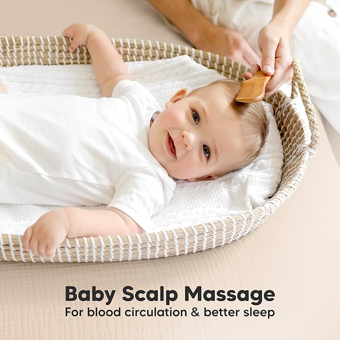 Baby Hair Brush Set for Newborns - Soft Goat Bristle Wooden Baby Brush and Comb Set Newborn Grooming Kit for Cradle Cap, Durable & Gentle, Boy, Girl Infant Essentials Care Kit (Oval, Walnut)