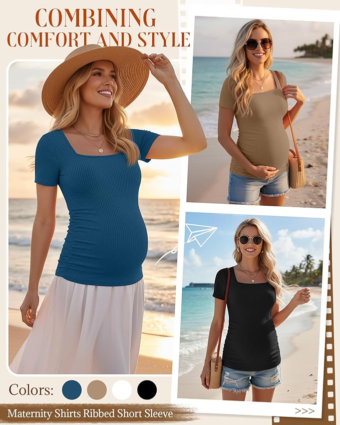 Huukeay 4 Pack Women's Maternity Shirts Cotton Ribbed Short Sleeve Square Neck Pregnancy Tops Side Ruched Summer Tee