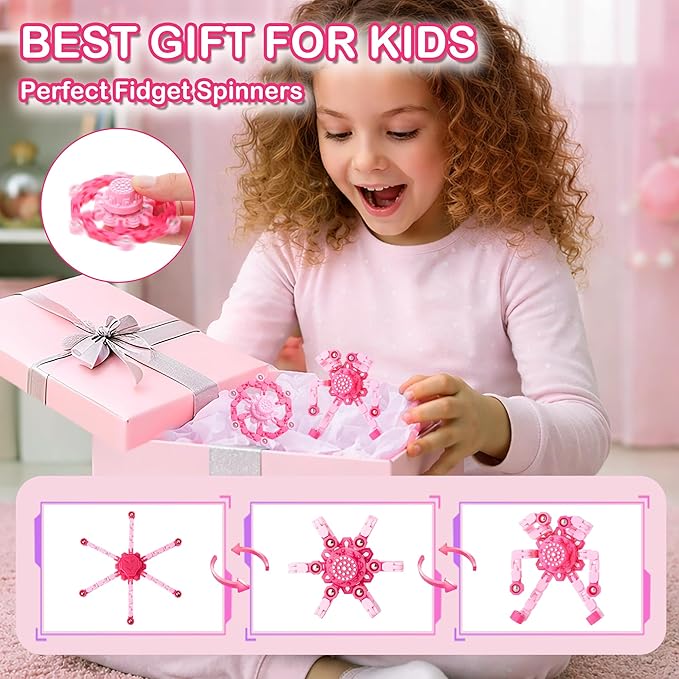 2 PCS Transformable Fidget Spinners for Kids, Valentine's Day Gifts for Classroom Exchange, Party Favors, Sensory Stress Relief Toy for Girls & Boys,Pink Deformable Mechanical Chain Robot Toy