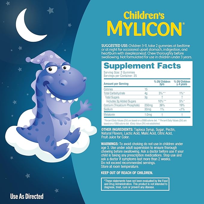 MYLICON Melatonin Gummies + Tummy Relief for Children Ages 3-11 | Helps Relieve Occasional Upset Stomach, Indigestion, Sleeplessness. Mixed Berry Flavor, 50 Count