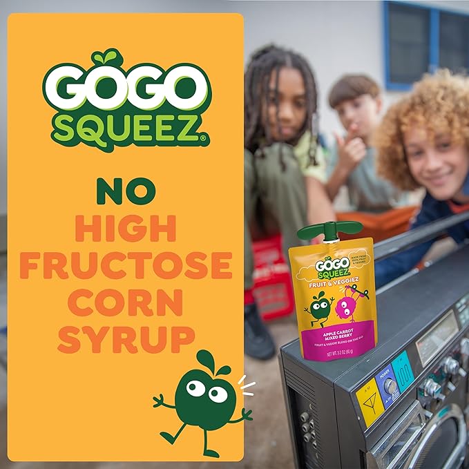 GoGo squeeZ Fruit & veggieZ Applesauce and Puree Variety Pack, Pedal Peach and Boulder Berry, 3.2 oz (Pack of 20), Unsweetened Snacks for Kids, BPA Free Pouches (Packaging May Vary)
