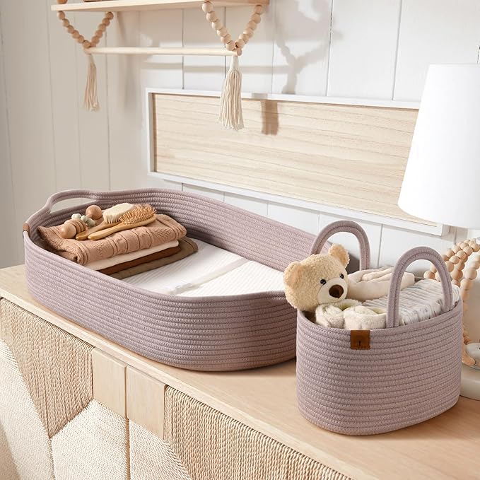 Baby Changing Basket Includes Diaper Caddy - Soft & Waterproof Dual-Cover, Portable, Changing Pad for Dresser & Changing Table, Gift for Baby Shower, Organic Cotton Rope