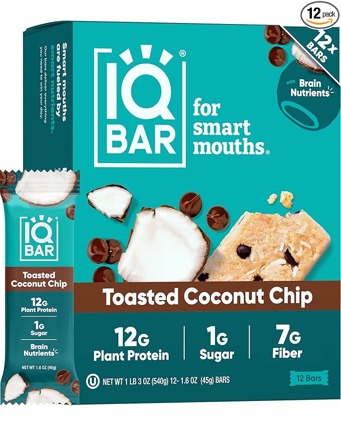 IQBAR Brain and Body Clean Plant Protein Bars - Toasted Coconut Chip - 12 Bars - Keto, Vegan, High Fiber, Gluten and Dairy Free, Low Sugar Snack with Nutrients for Focus, Energy, Meal Replacement
