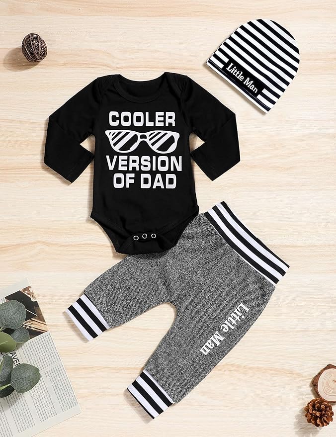Fommy Newborn Baby Boy Clothes New to The Crew Letter Print Romper+ Pants+Hat 3PCS Outfit