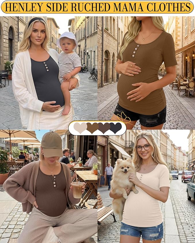 4 Pack Womens Maternity Shirts Scoop Neck Cotton Short Sleeve Ribbed Pregnancy Top Henley Side Ruched Mama Clothes