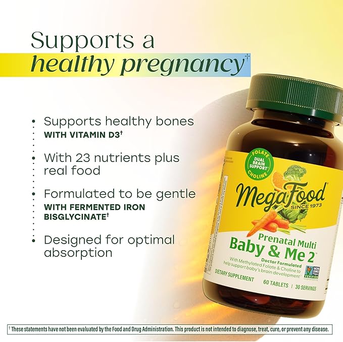 MegaFood Baby & Me 2 Prenatal Vitamin and Minerals - Vitamins for Women - with Folate (Folic Acid Natural Form), Choline, Iron, Iodine, and Vitamin C, Vitamin D and more - 60 Tabs (30 Servings)