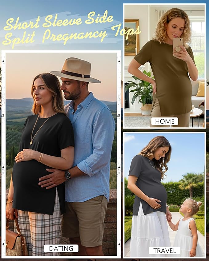 Ficerd 3 Pack Women's Maternity T Shirts, Short Sleeve Side Split Pregnancy Tops Casual Crew Neck Pregnant Tees Mama Clothes