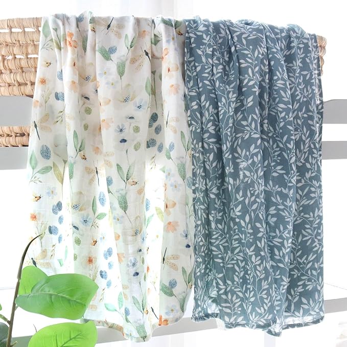 LifeTree Baby Swaddle Blankets, Boys Girls Muslin Swaddling Wrap Receiving Blanket for Newborn, 70% Viscose from Bamboo and 30% Cotton, Large 47" x 47", Blue Floral and Leaf