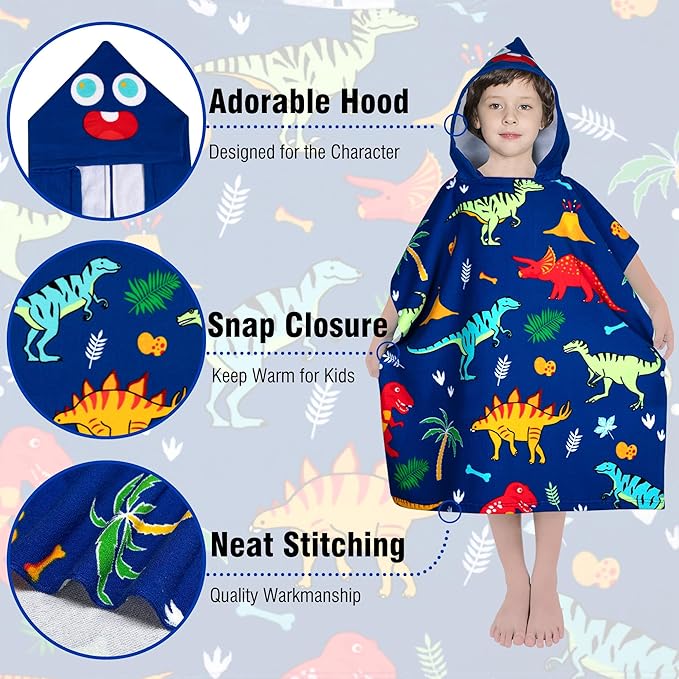 Hooded Kids Beach Towels - Toddler Bath Towel Girls Boys Swim Cover-ups for Ages 4 to 10 Kids Pool Towels Quick Dry Lightweight Soft Microfiber Poncho 30x30 with Bag (Dinosaur Blue)