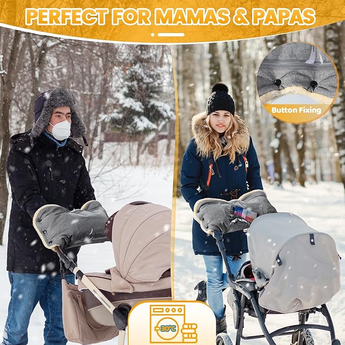 Orzbow Faux Sheepskin Gloves with Phone Pockets, Winter Extra Thick Mittens for Baby Stroller, Cozy & Warm, Anti-Freeze Hand Muff Easily Attaches to Stroller for Parents & Caregivers, Gray