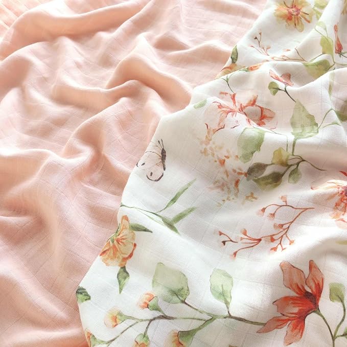 LifeTree Baby Swaddle Blankets, Boys Girls Muslin Swaddling Wrap Receiving Blanket for Newborn, 70% Viscose from Bamboo and 30% Cotton, Large 47" x 47", Butterfly Floral and Pink