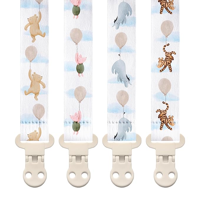 Stadela Baby Pacifier Clip Holder - Girl or Boy Unisex Neutral 4 Pack Gift Set – Vintage Classic Winnie Teddy Bear and Friends
