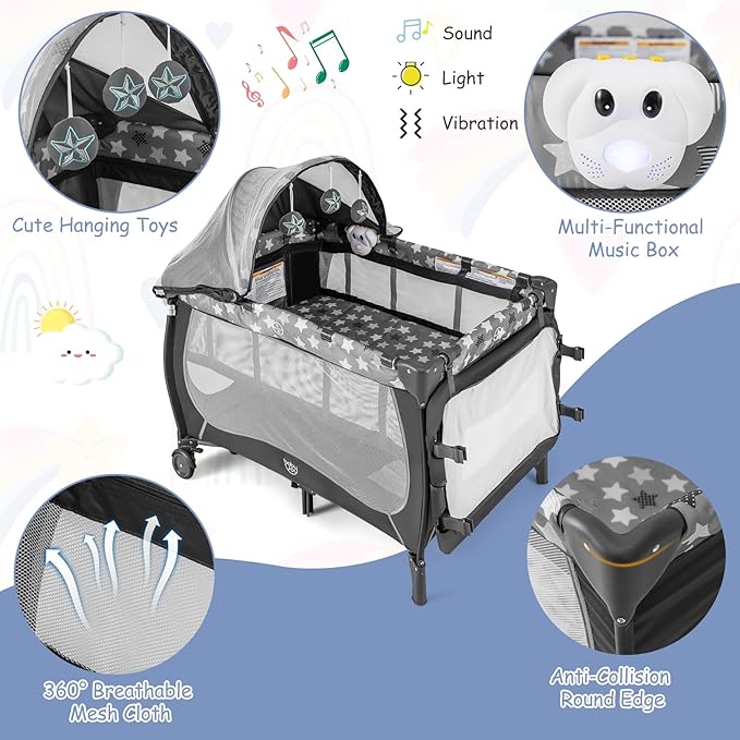 BABY JOY 4 in 1 Pack and Play, Portable Baby Playard with Bassinet, Adjustable Canopy, Changing Table, Lockable Wheels, Music Box, Travel Baby Crib Bassinet from Newborn to Toddler
