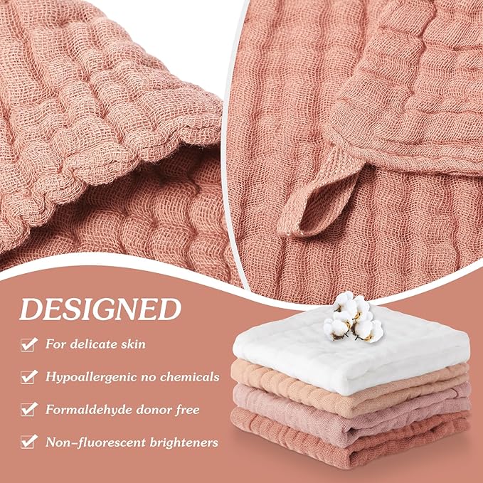 8 Pcs Baby Washcloths for Newborn 12 x 12 Inch Muslin Face Towels Cotton Absorbent for Delicate Skin Soft Muslin Cloth Reusable Baby Registry as Shower Gift, 4 Colors (Pink Color)