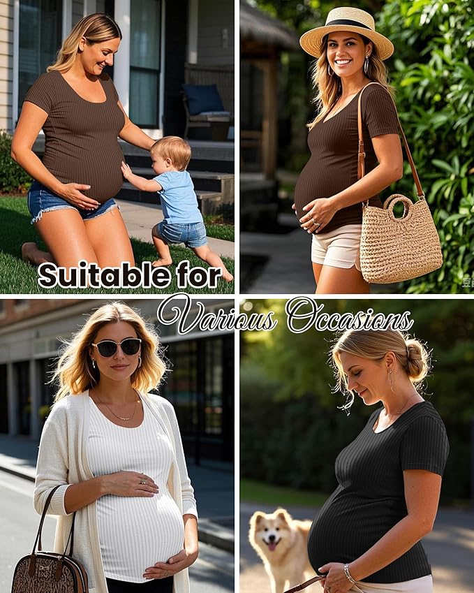Neer 3 Pack Women's Ribbed Maternity Tops Pregnancy Round Neck Shirts Short Sleeve Soft Maternity Clothes for Mama