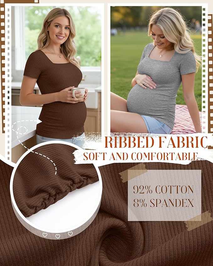 Huukeay 4 Pack Women's Maternity Shirts Cotton Ribbed Short Sleeve Square Neck Pregnancy Tops Side Ruched Summer Tee