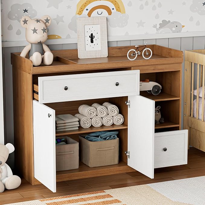 Wide Baby Changing Table Dresser with 2 Doors, 2 Different Size Drawers &Storage Cubbies, Durable Wood Construction, Built-in Shelves of Ample Storage for Nursery (White& Natural Wood)