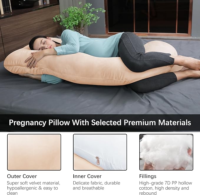 MOON PARK Pregnancy Pillows for Sleeping - U Shaped Full Body Maternity Pillow with Removable Cover - Support for Back, Legs, Belly, Hips - 57 Inch Pregnancy Pillow for Women - Brown